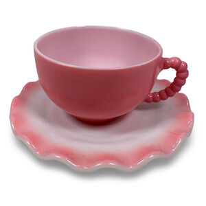 Vintage Hazel Atlas Crinoline Cup & Saucer Pink Milk Glass Ruffled Edge